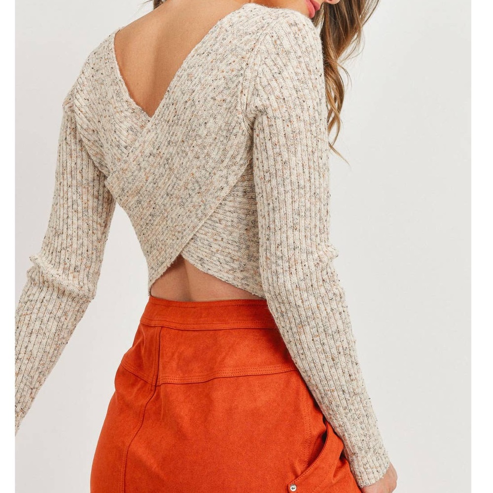 Oatmeal Surplice Back Detail Ribbed Sweater Top